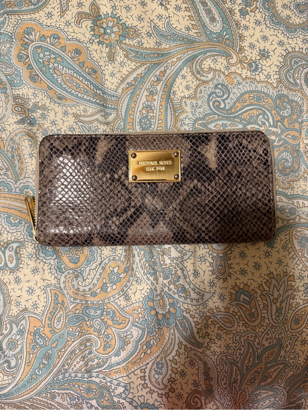 EUC Michael Kors Gray Brown Snake-Embossed Zip Wallet with Gold Plaque